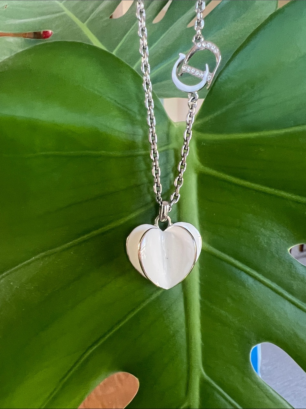 DIOR Silver White & Crystal Heart Pendant Necklace